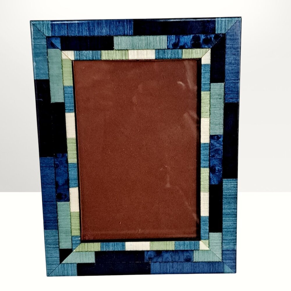Natalini Italy Blue Wood Marquetry Inlay Frame 4x6 Geometric Mosaic Patchwork - Picture 8 of 13